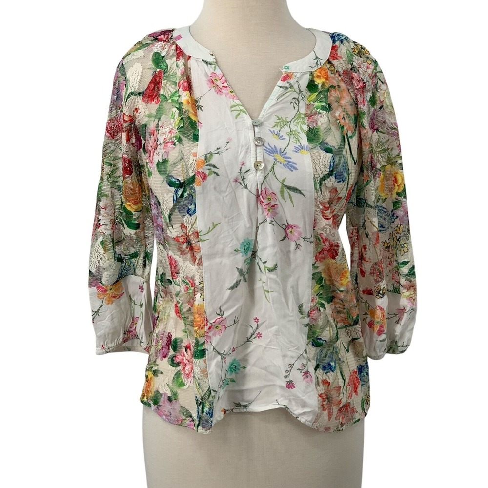 Figeroa & Flower Women's 3/4 Sleeve White Multi Floral Sheer Lace Blouse Size PS